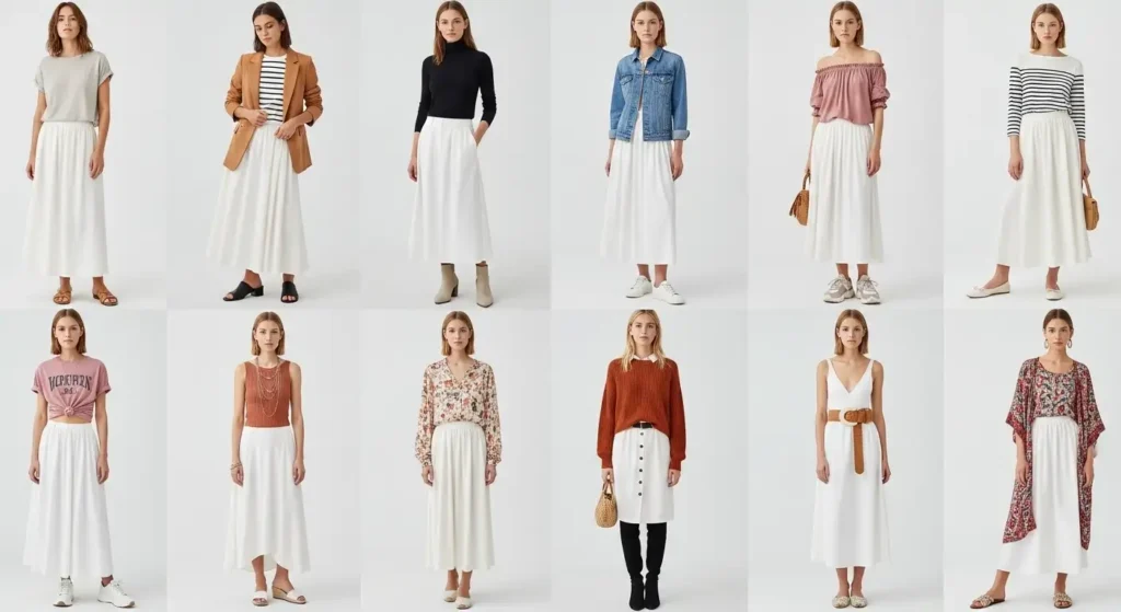 13 White Maxi Skirt Outfits styled in a collage grid with different tops, shoes, and layering pieces for every season
