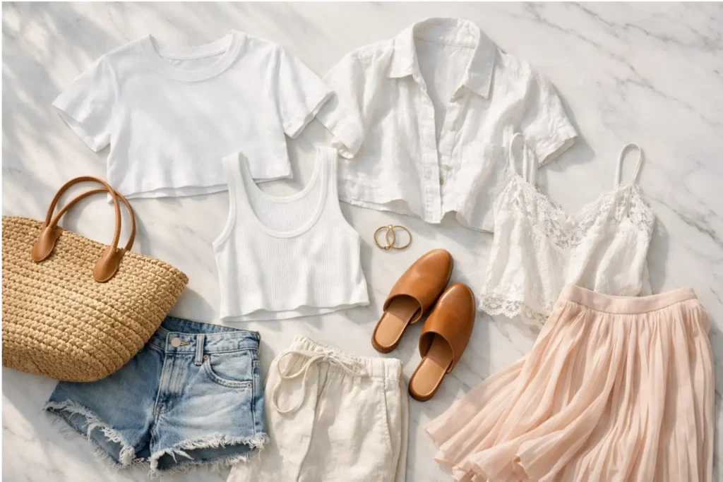 Flat lay of 13 white top outfits for summer with denim shorts, linen pants, lace top, and tan mules on marble.