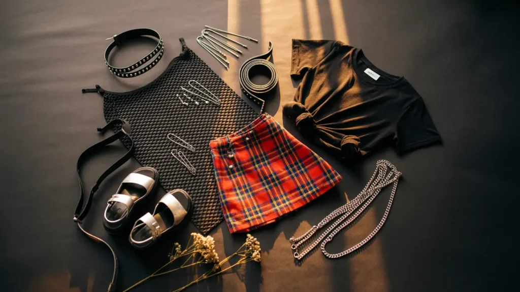 Punk summer flat lay with plaid skirt, fishnet, chains, and sandals — key pieces from 15 punk outfit ideas for summer.