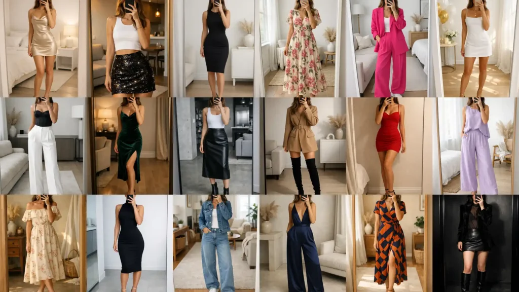 Collage of diverse mirror selfies featuring dresses suits and casual sets as 18 21st birthday outfits inspiration.