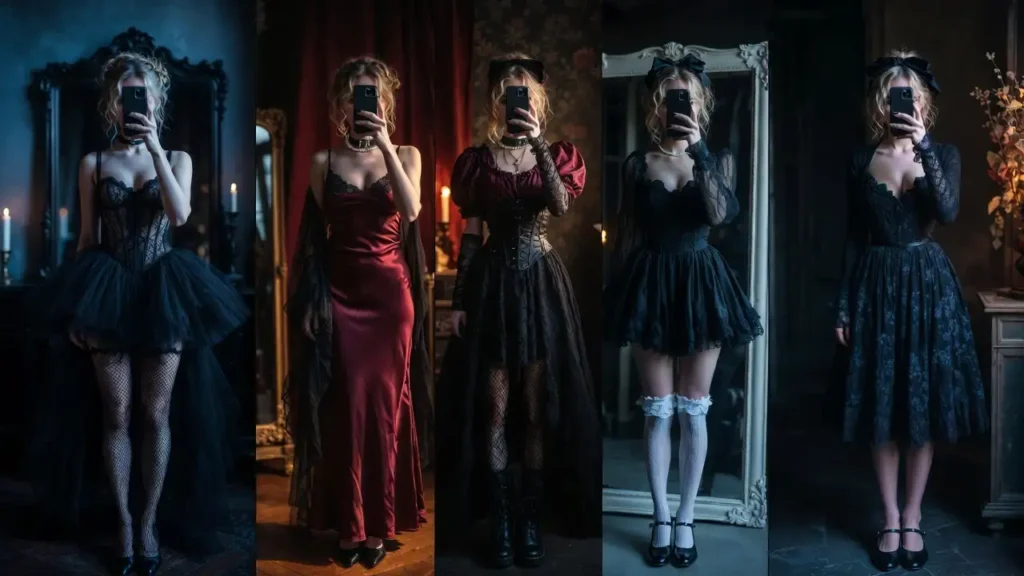 7 Dark Coquette Outfit Ideas for DTI showcasing five mirror selfie looks in black and crimson gowns, tulle skirts, and lace.