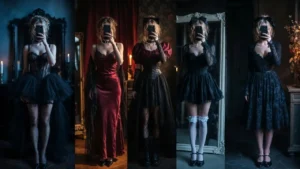 7 Dark Coquette Outfit Ideas for DTI showcasing five mirror selfie looks in black and crimson gowns, tulle skirts, and lace.