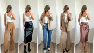 7 white bodysuit outfit ideas in a mirror selfie collage featuring wide-leg trousers, leather skirt, jeans, and satin midi.