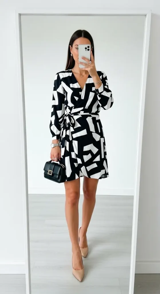 Bold black-and-white abstract print wrap mini dress styled for baddie vibes, one of 10 Aesthetic Baddie Outfit Ideas.