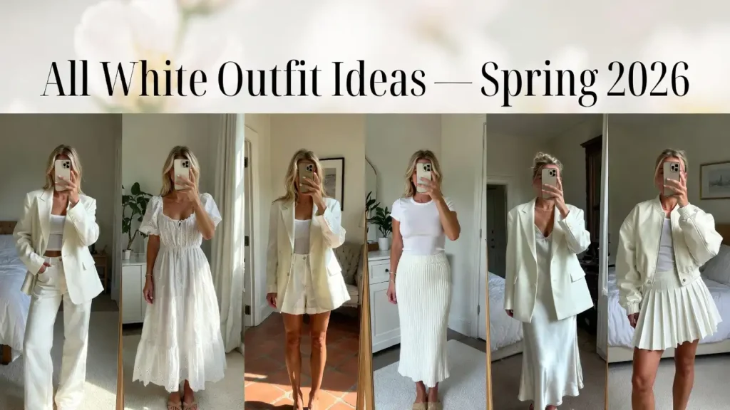 10 All White Outfit Ideas for Spring 2026 collage showing six women in white mirror selfie outfits