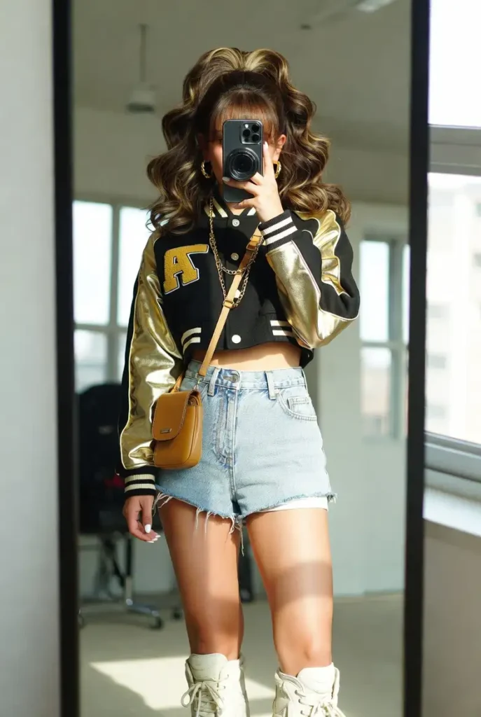 Mirror selfie in a gold varsity jacket and denim shorts with big curly hair, a classic from 10 gyaru outfit ideas.