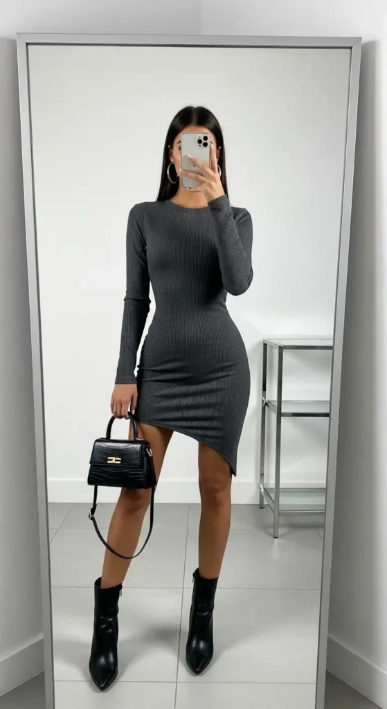 Gray ribbed long-sleeve asymmetric hem bodycon dress with mini handbag, featured in 10 Aesthetic Baddie Outfit Ideas.