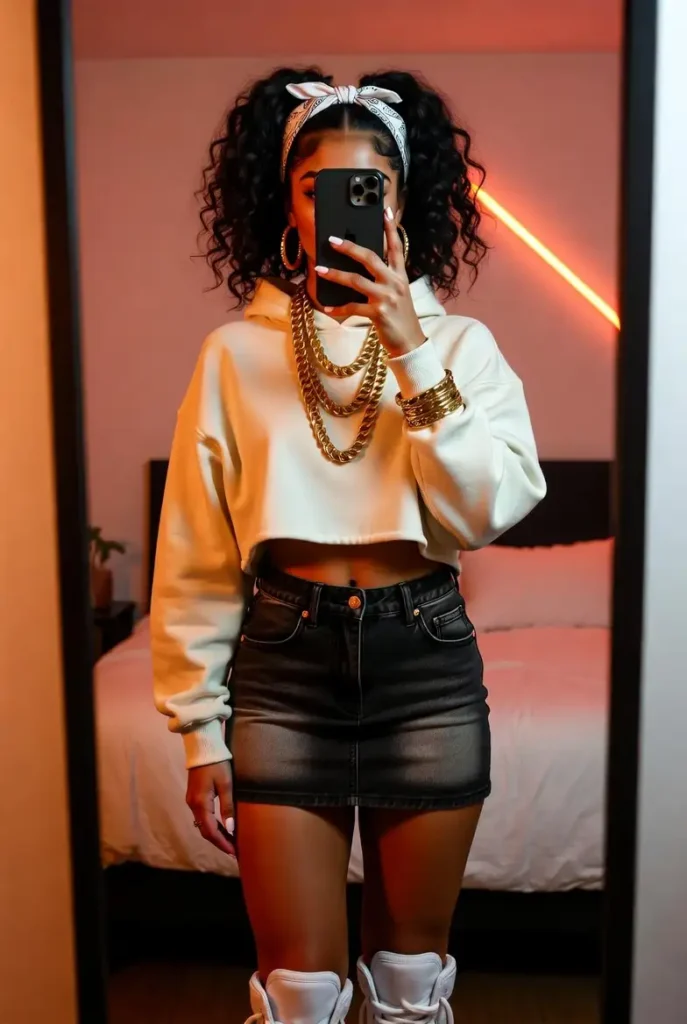 Mirror selfie in a white crop hoodie, black mini skirt, and stacked gold chains from 10 gyaru outfit ideas.