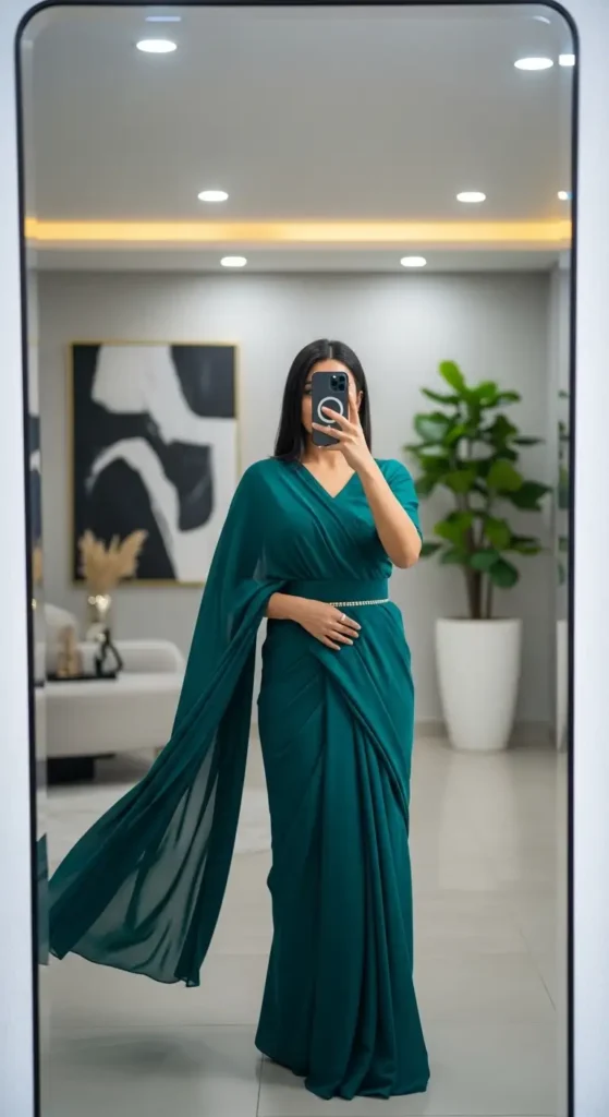 Woman in flowing belted teal saree taking mirror selfie, perfect for Indian Birthday Outfit Ideas for Women.