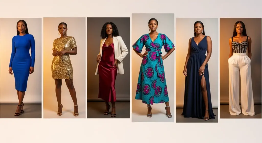 Birthday dinner outfit ideas for Black women — a 6-look collage of bodycon, sequin, maxi, Ankara wrap, and co-ord styles