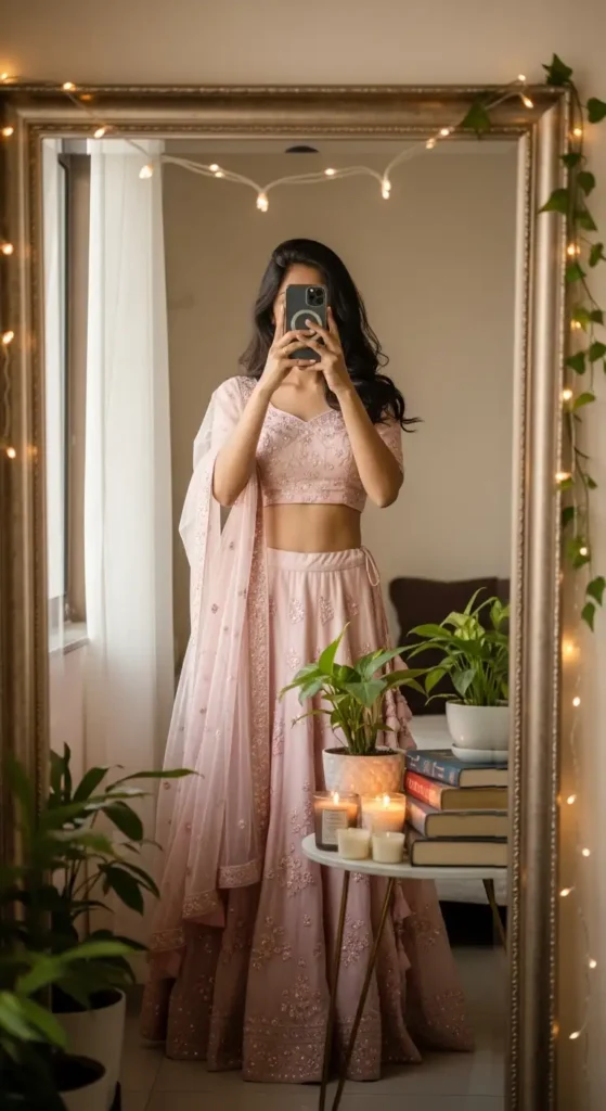 Woman in pink embroidered lehenga with candles in mirror selfie, perfect Indian Birthday Outfit Ideas for Women.