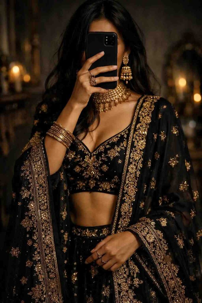 Close-up mirror selfie in heavily embellished black ethnic lehenga, bold Indian Birthday Outfit Ideas for Women.