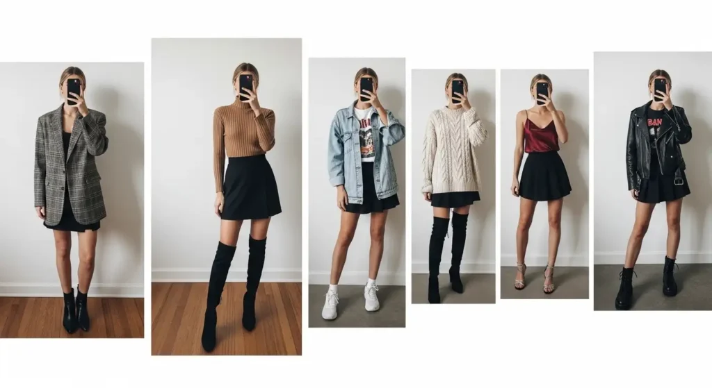 10 Black Mini Skirt Outfit Ideas collage showing 5 mirror selfies: blazer, turtleneck, denim, knit sweater, leather jacket