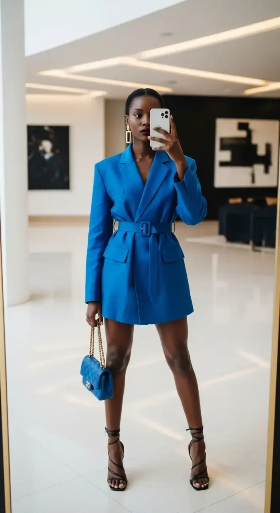 Cobalt blue blazer dress, part of 10 Summer Birthday Outfit Ideas for Black Women, iPhone mirror selfie in art gallery