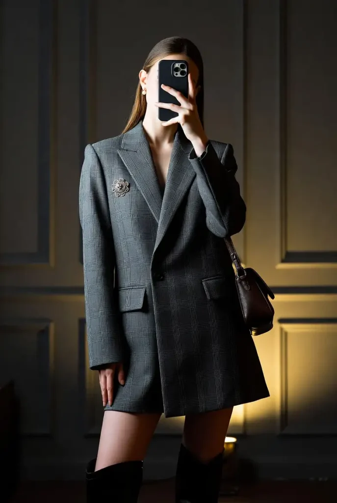 One of 10 dark academia outfit ideas: grey plaid blazer dress, brooch, black boots, leather bag