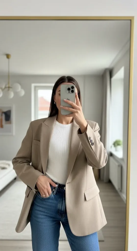 Woman taking a mirror selfie in beige blazer over white top with blue straight-leg jeans as part of 10 Preppy Outfit Ideas.