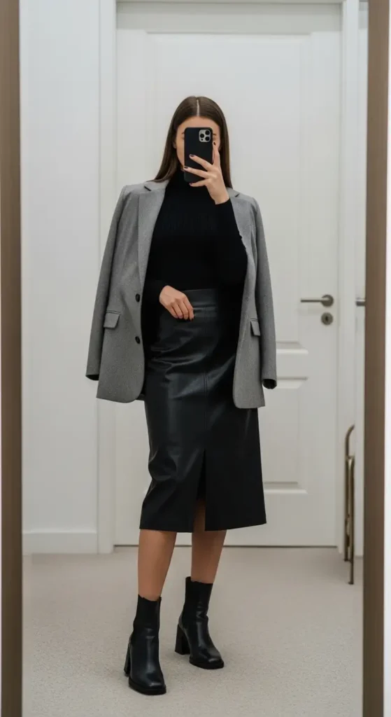 Mirror selfie of a stylish woman in blazer and turtleneck with black leather midi skirt for Black Leather Skirt Outfit Ideas.