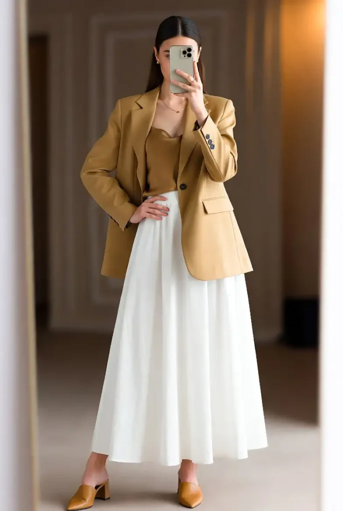 One of the 13 White Maxi Skirt Outfits: a camel blazer with a white maxi skirt and tan heeled mules, mirror selfie.