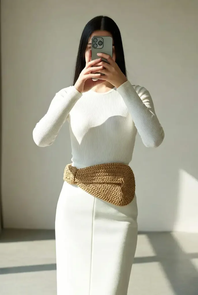 One of the 13 White Maxi Skirt Outfits: a white ribbed top tucked into a white maxi skirt with a wide woven raffia belt.