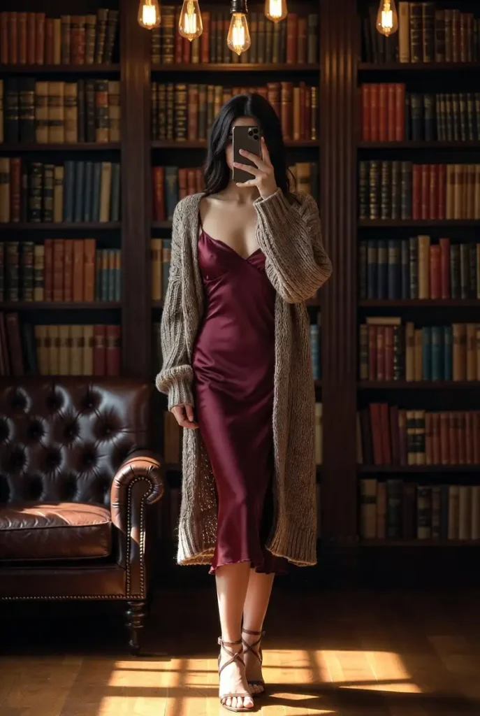 10 Trendy Fall Birthday Outfit Ideas for Women: burgundy satin slip dress layered with chunky knit cardigan and strappy heels
