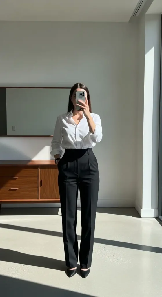 Woman taking a mirror selfie in white button-down shirt and black tailored trousers as part of 10 Preppy Outfit Ideas.