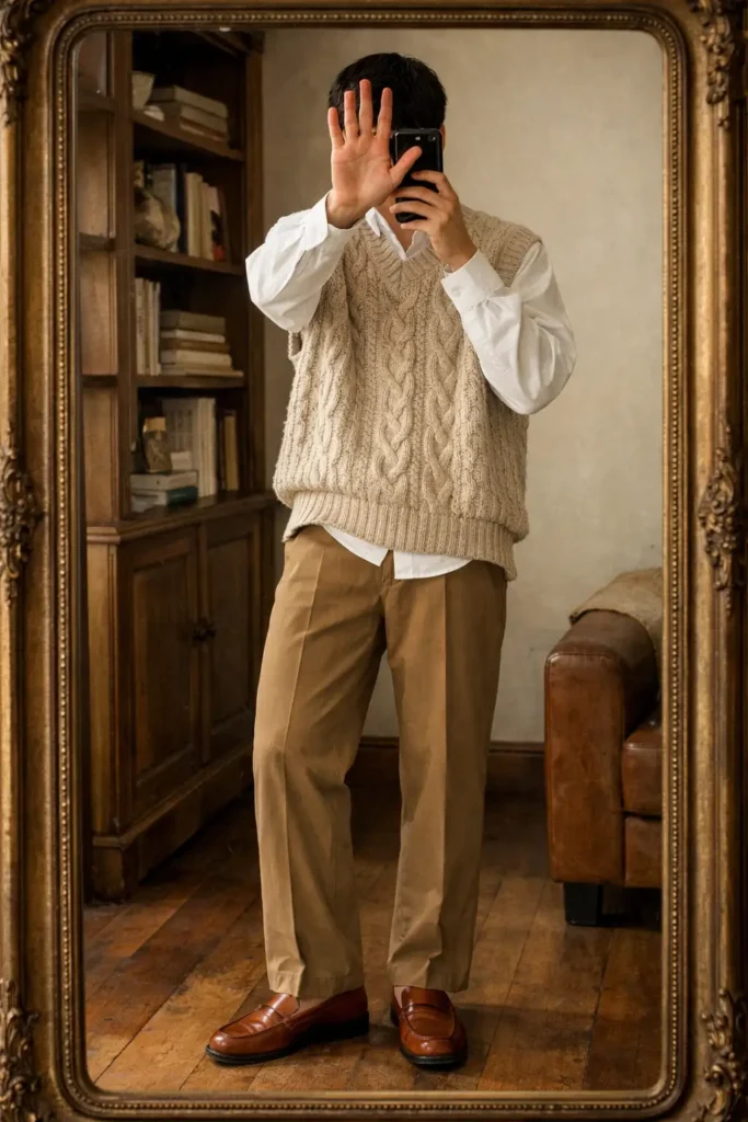  From 10 Cottagecore Outfit Ideas for Men: oatmeal cable-knit vest over white shirt with camel trousers
