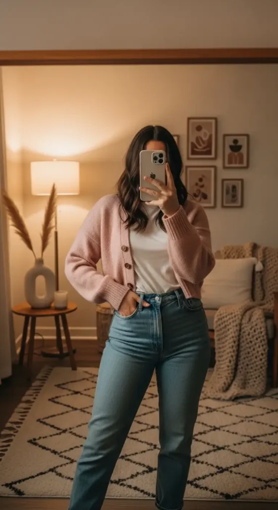 Woman taking a mirror selfie in pink cardigan over white top with high-waisted jeans as part of 10 Preppy Outfit Ideas.