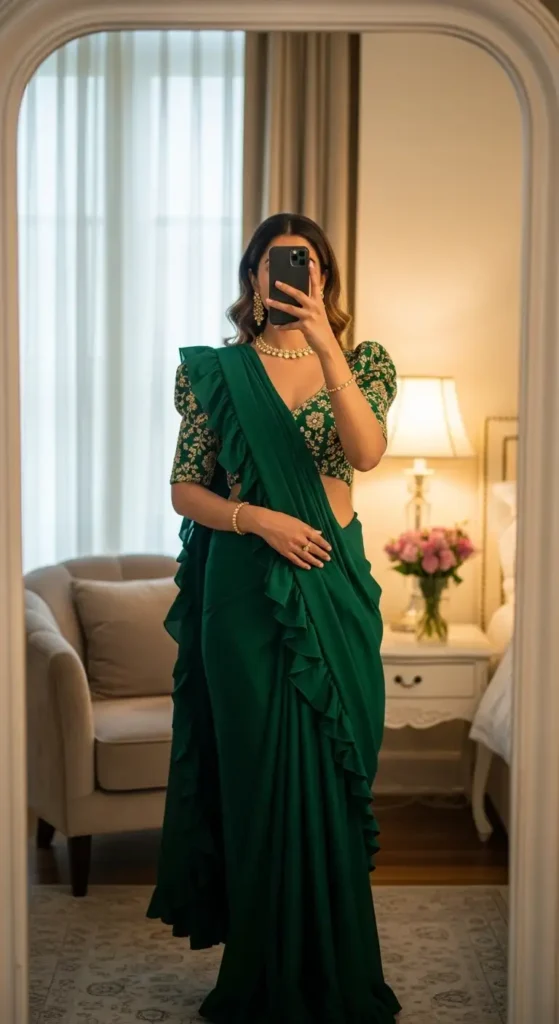 Elegant green ruffled saree with modern blouse in mirror selfie, ideal Indian Birthday Outfit Ideas for Women.
