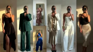 A collage of classy 25th birthday outfit ideas featuring six mirror selfie looks from LBD to sequin skirts.