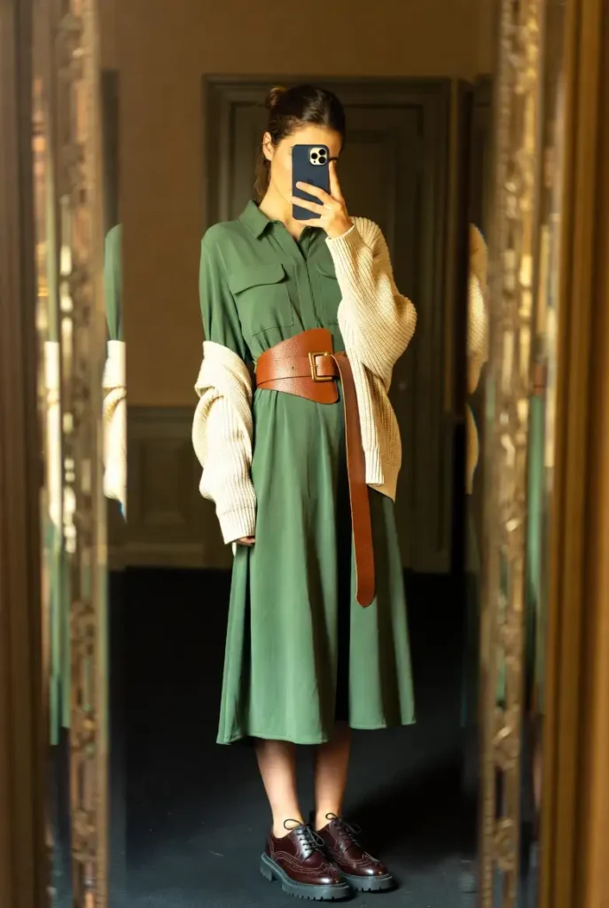 From 10 dark academia outfit ideas: olive collared dress with brown belt, cream cardigan, oxford shoes