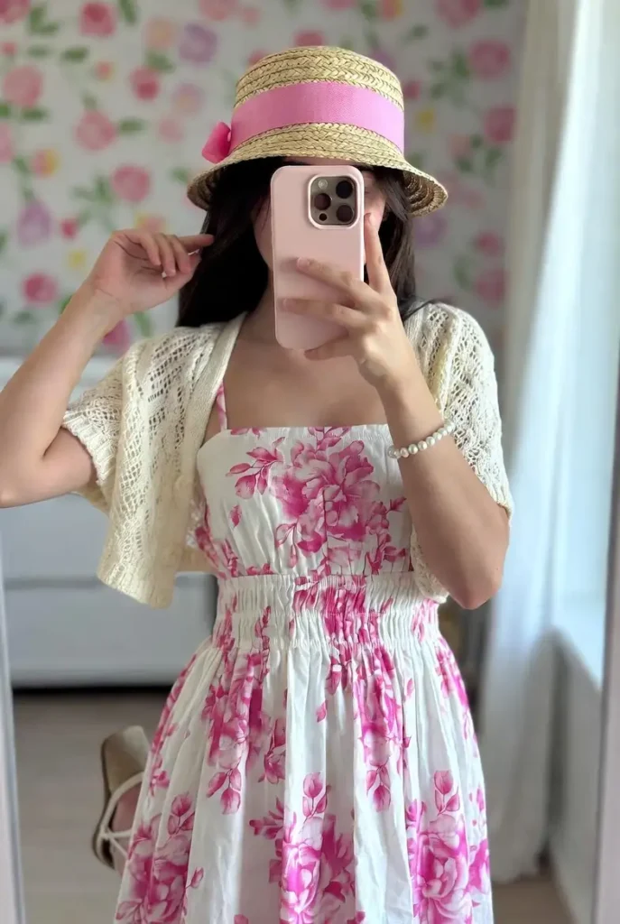 Floral sundress with lace cardigan and straw hat — coquette cottagecore Roblox aesthetic outfits real life mirror selfie