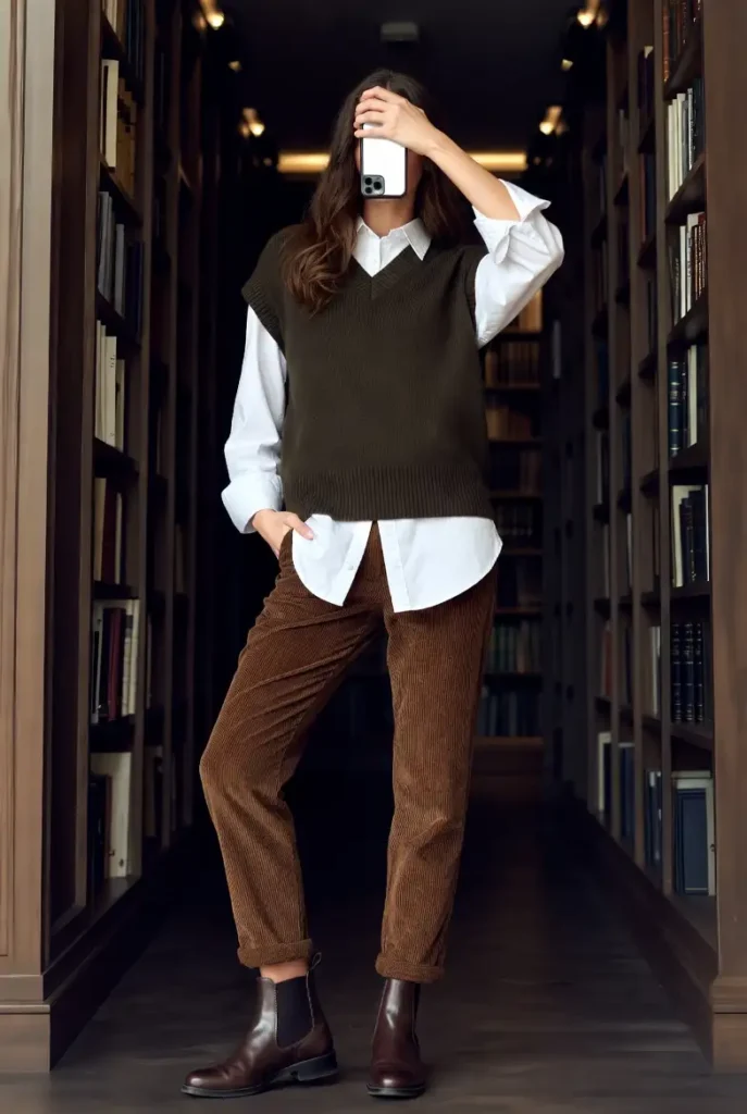 Among 10 dark academia outfit ideas: brown cords, white button-down, olive vest, Chelsea boots in a library
