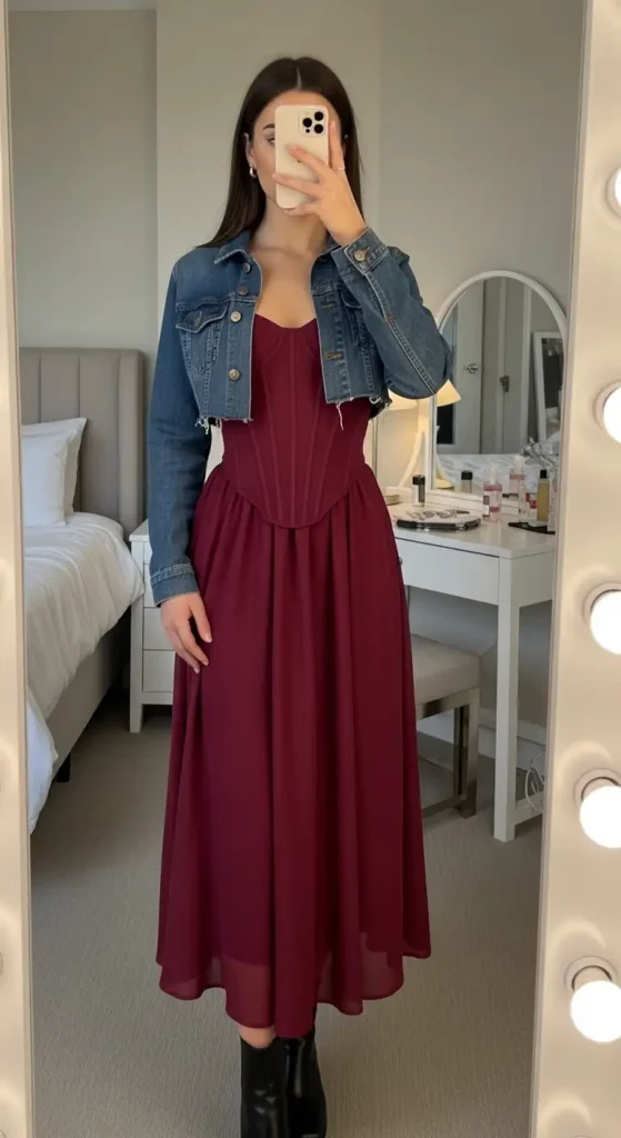 Maroon corset-style midi dress layered with cropped denim jacket, one of 10 Aesthetic Baddie Outfit Ideas.