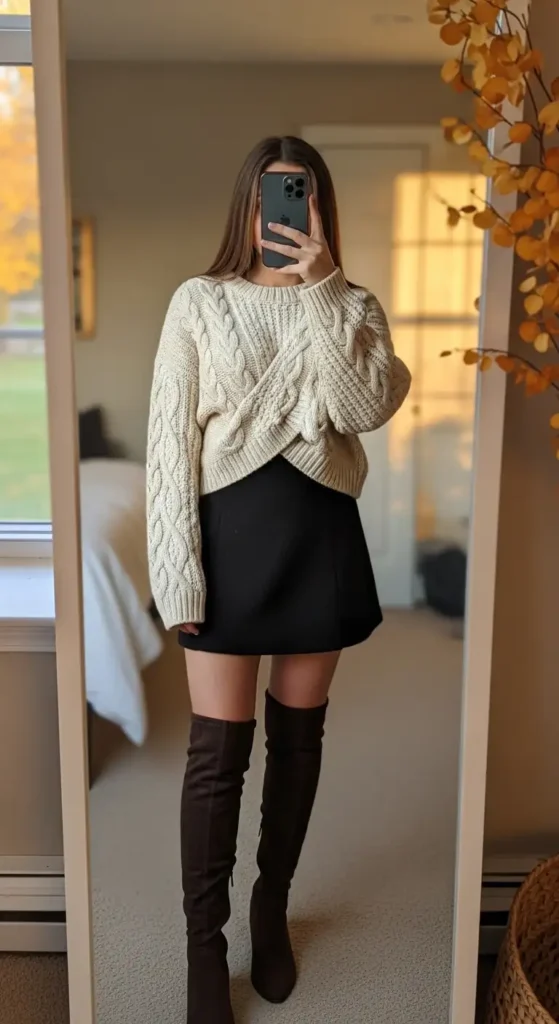 10 Black Mini Skirt Outfit Ideas: cream cable-knit sweater, dark over-the-knee boots, autumn bedroom mirror selfie
