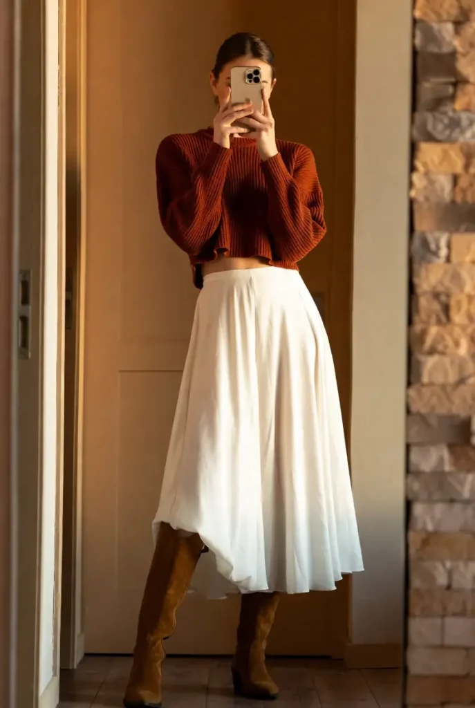 One of the 13 White Maxi Skirt Outfits: a rust cropped knit sweater with a flowing white maxi skirt and suede knee boots.