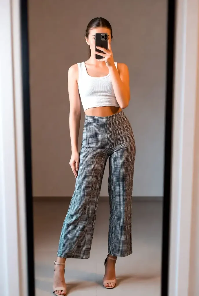 White crop top with plaid high-waisted trousers — a trendy 19th birthday outfit idea that's both chic and effortless.
