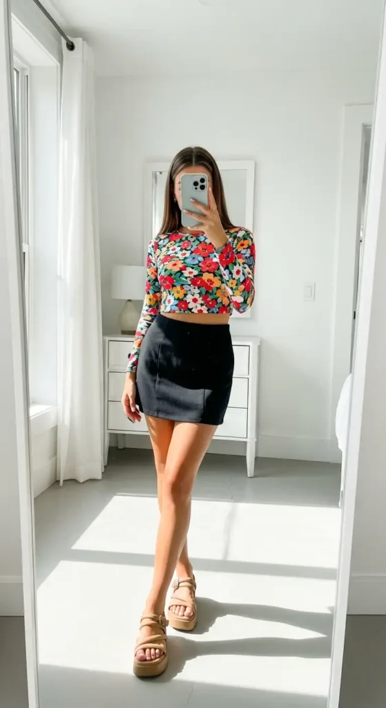 10 Black Mini Skirt Outfit Ideas: floral long-sleeve crop top with platform sandals, bright white room mirror selfie