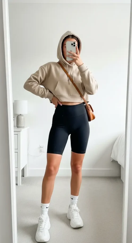 One of the 10 VSCO outfit ideas — beige cropped hoodie, black bike shorts, brown bag, and chunky white sneakers.