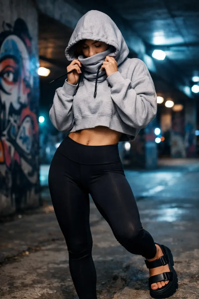 One of 10 black leggings outfits: grey cropped hoodie, black leggings, platform sandals against urban graffiti wall