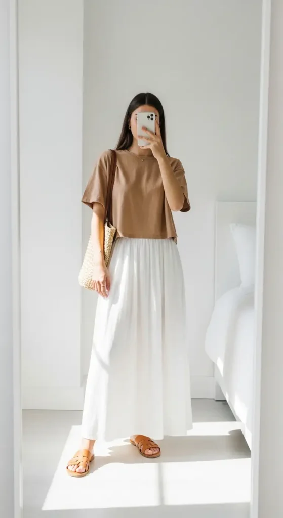 One of the 13 White Maxi Skirt Outfits: a camel cropped tee with a white maxi skirt, tan sandals, and a straw tote bag