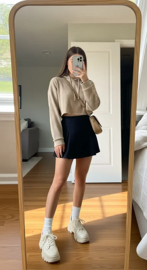 10 Black Mini Skirt Outfit Ideas: beige cropped hoodie, chunky white sneakers, and crossbody bag, casual mirror selfie