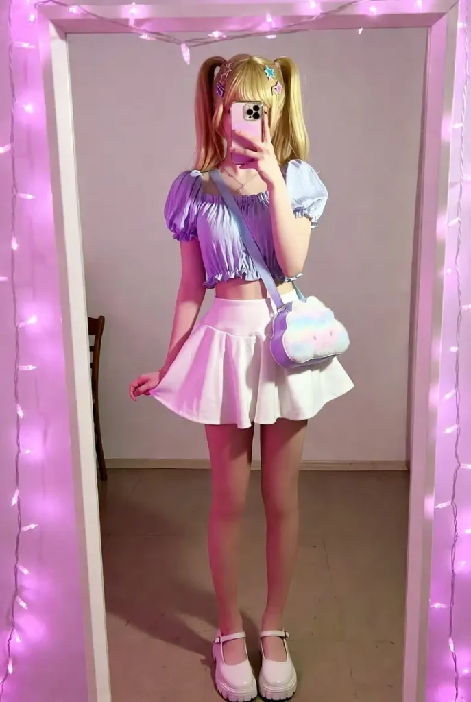 Purple puff sleeve crop top with white pleated skirt and cloud bag — cutecore Roblox aesthetic outfits real life
