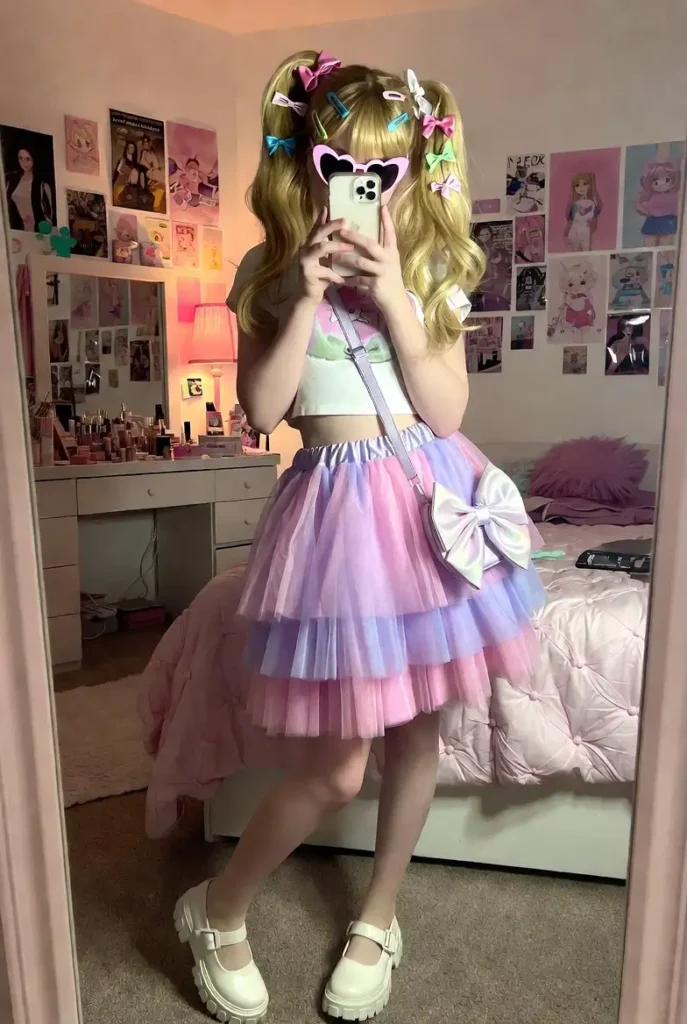 Pastel rainbow tulle skirt with bow bag and heart sunglasses — cutecore maximalist Roblox aesthetic outfits real life