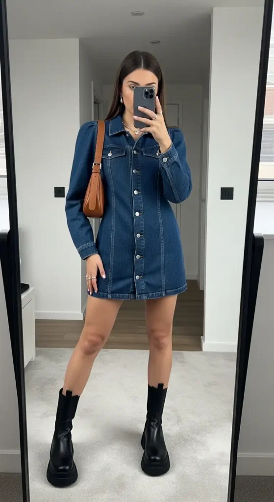 Classic blue denim mini shirt dress paired with black boots, part of 10 Aesthetic Baddie Outfit Ideas.