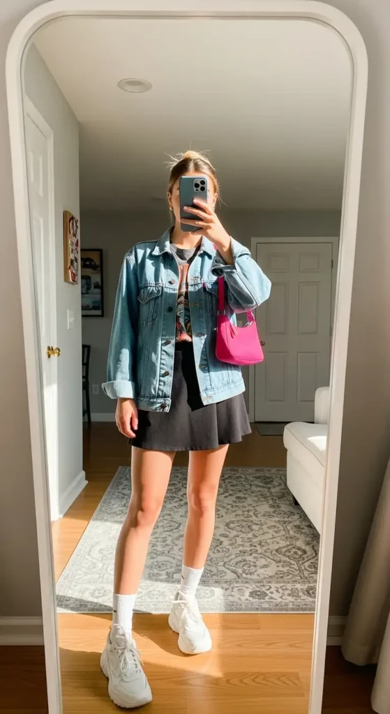 10 Black Mini Skirt Outfit Ideas: light denim jacket, graphic tee, white sneakers, pink bag, home mirror selfie