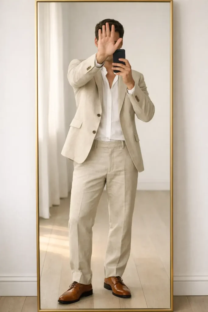 From 10 Cottagecore Outfit Ideas for Men: relaxed sand linen suit no tie with tan Oxford shoes
