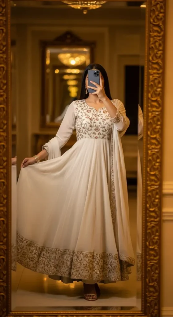 Graceful white anarkali suit twirled in ornate mirror selfie, embodying Indian Birthday Outfit Ideas for Women.