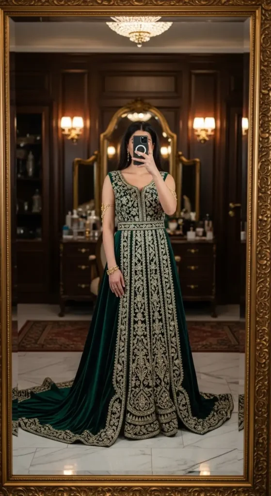 Stunning green embroidered velvet gown in luxurious mirror selfie, stunning Indian Birthday Outfit Ideas for Women.