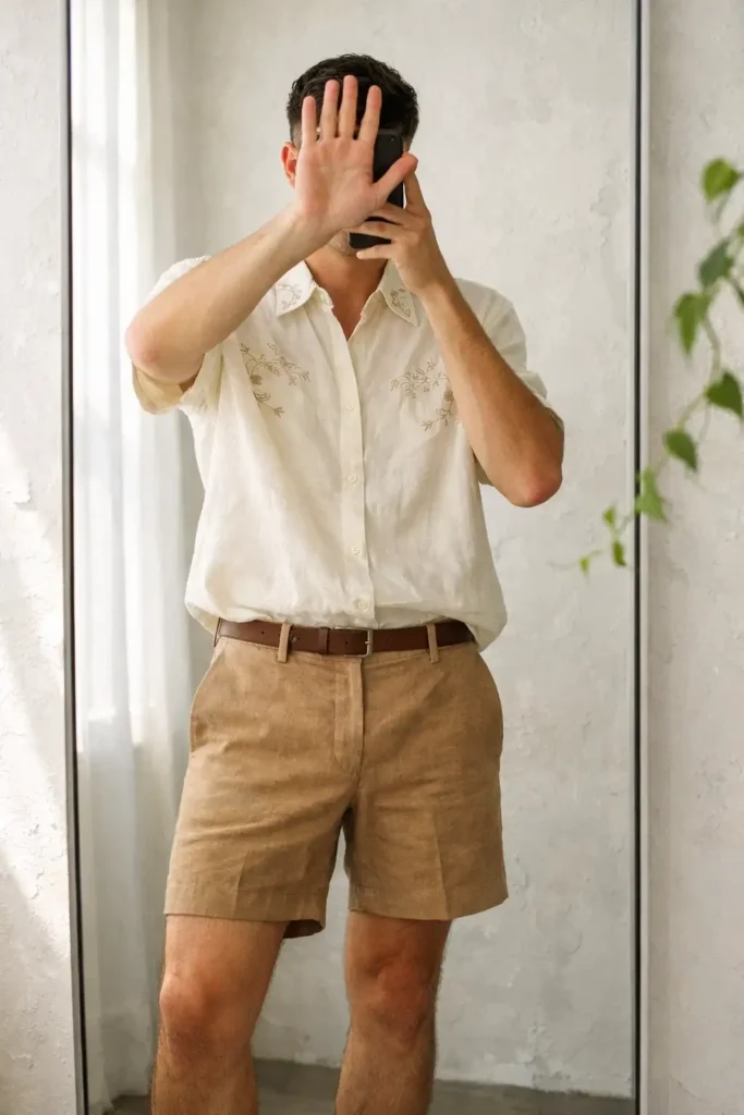 From 10 Cottagecore Outfit Ideas for Men: cream embroidered shirt with tan linen shorts and leather belt

