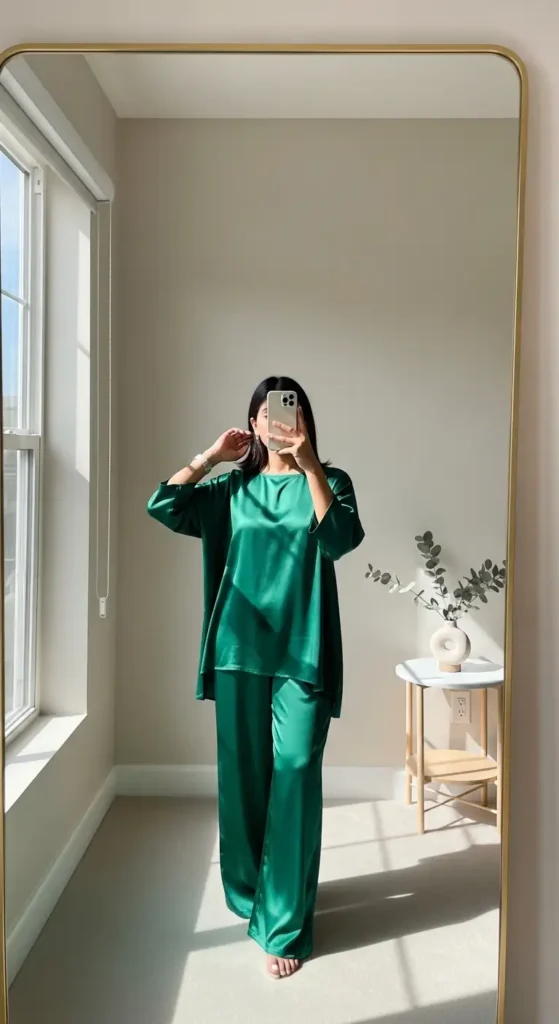 Woman in emerald green satin co-ord set taking mirror selfie, modern Indian Birthday Outfit Ideas for Women.
